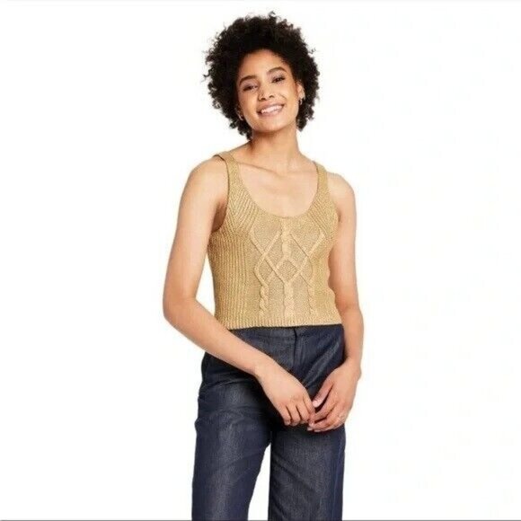 Kika Vargas Women's Size Medium Metallic Gold Cable Knit Sweater Style Tank Top - Picture 3 of 8